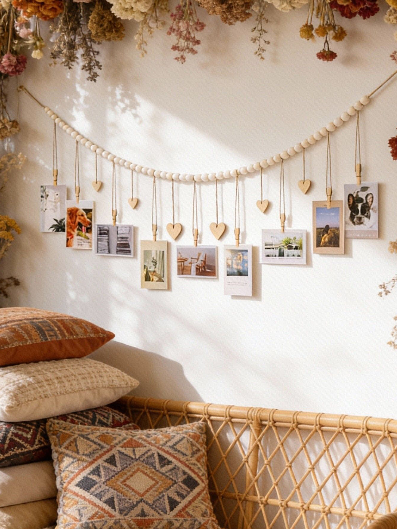 Picture Hanging Strip - Wooden Bead Photo Garland with Heart